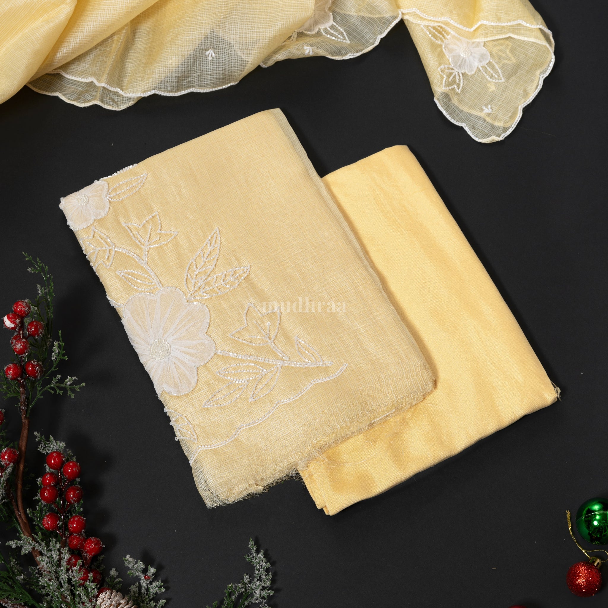 Pastel yellow sugar-bead Kota Tussar suit