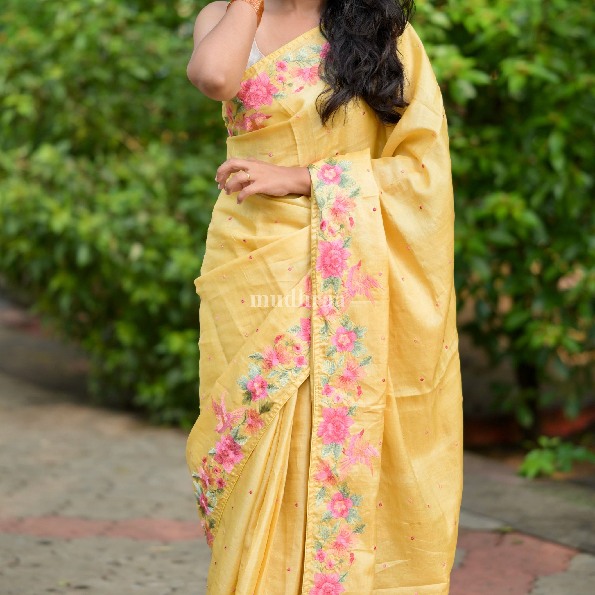 Pineapple Yellow Floral Tussar Saree