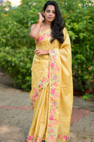 Pineapple Yellow Floral Tussar Saree