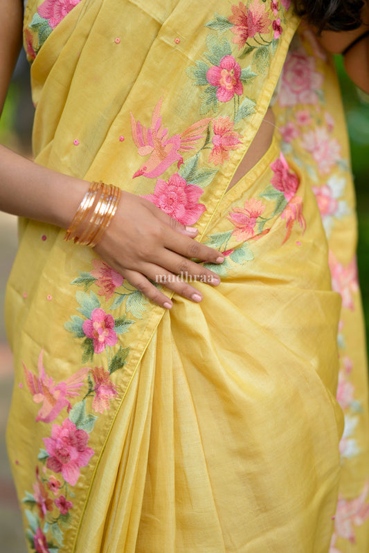 Pineapple Yellow Floral Tussar Saree