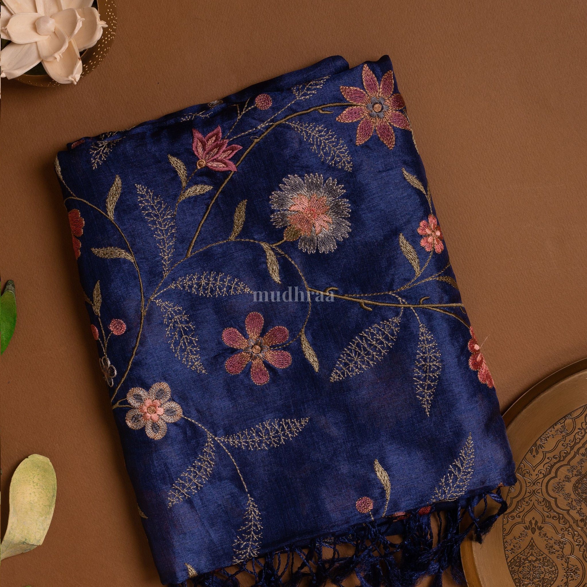 Ink Blue Floral Garden Embroidered Tussar Silk Dupatta