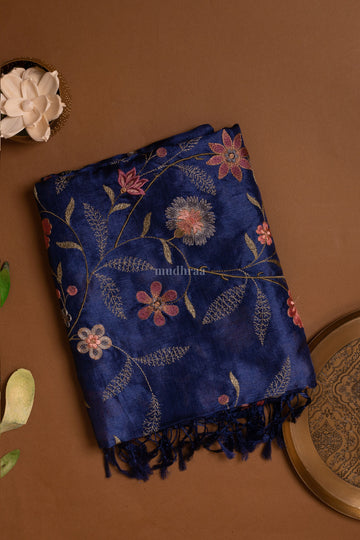 Ink Blue Floral Garden Embroidered Tussar Silk Dupatta