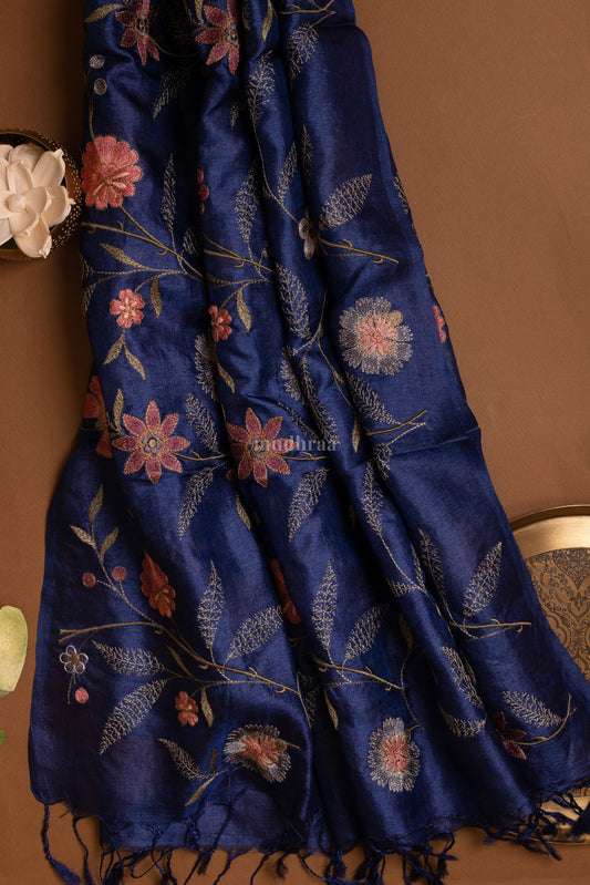 Ink Blue Floral Garden Embroidered Tussar Silk Dupatta