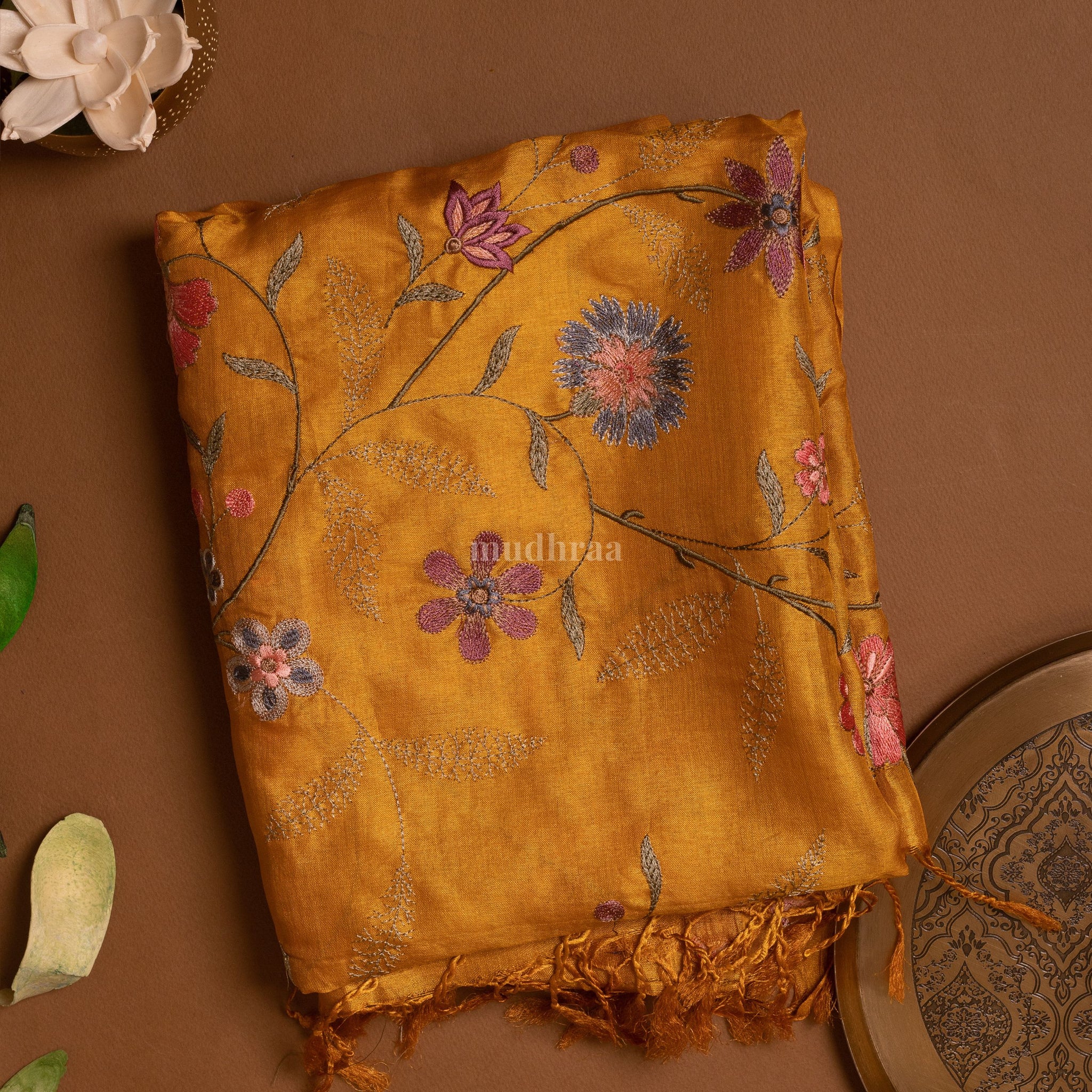 Golden Yellow Floral Garden Embroidered Tussar Silk Dupatta