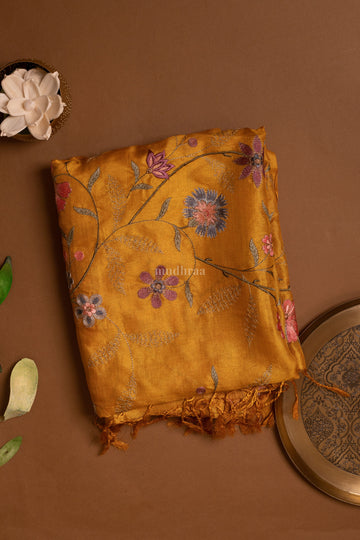 Golden Yellow Floral Garden Embroidered Tussar Silk Dupatta