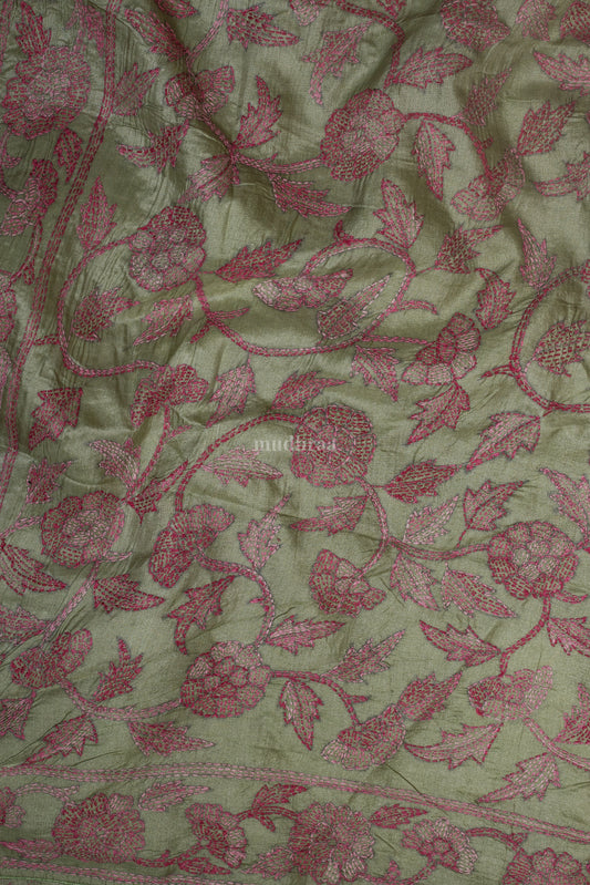 Light Basil Chikankari Embroidered Tussar Saree