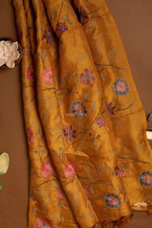 Golden Yellow Floral Garden Embroidered Tussar Silk Dupatta