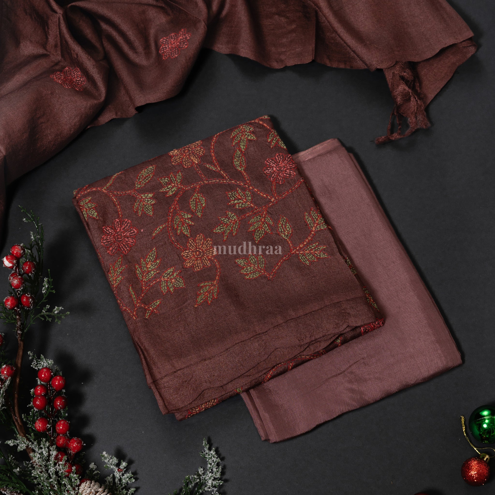 Chocolate brown Kantha Tussar suit set