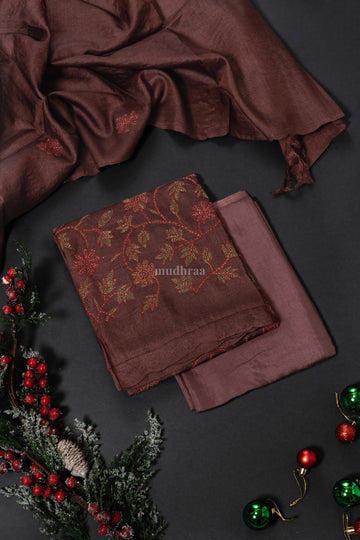 Chocolate brown Kantha Tussar suit set