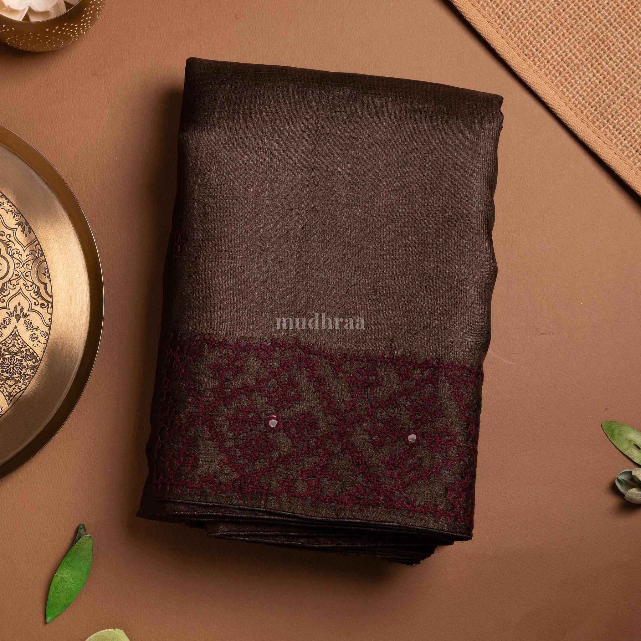 Fawn Brown Kutch Embroidered Tussar Saree