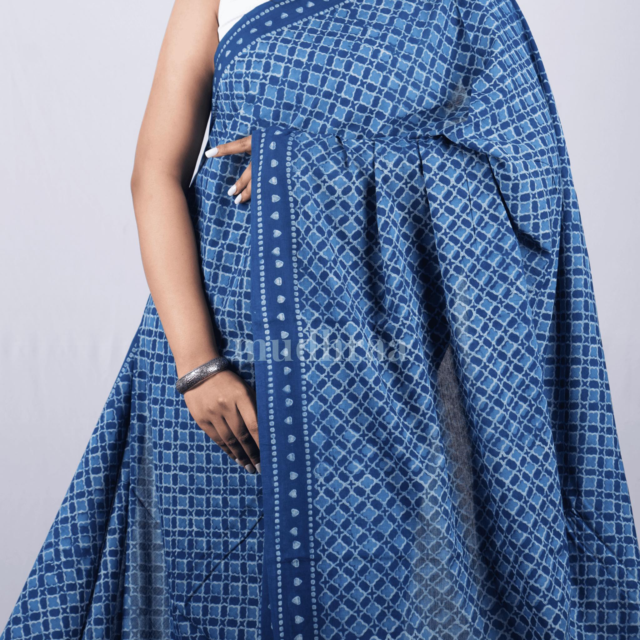 INDIGO DIAMOND AJRAKH HANDBLOCK PRINTED MUL COTTON SAREE