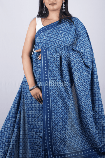 INDIGO DIAMOND AJRAKH HANDBLOCK PRINTED MUL COTTON SAREE