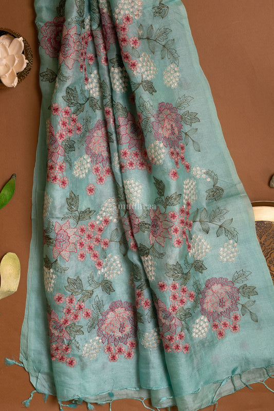 Pastel Blue Floral Garden Embroidered Tussar Silk Dupatta