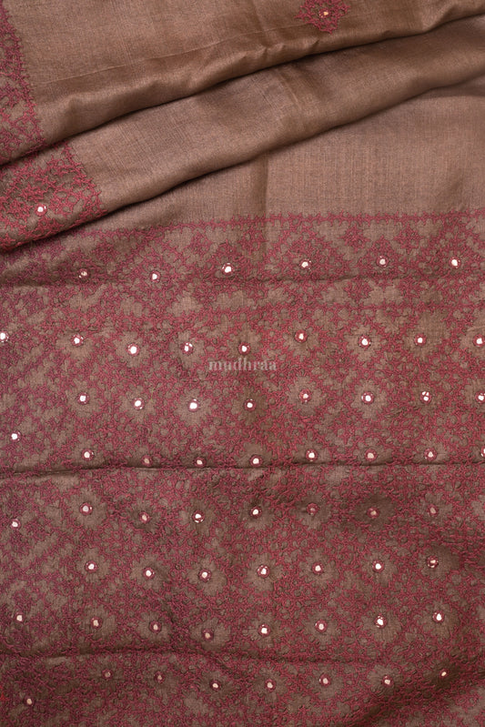 Fawn Brown Kutch Embroidered Tussar Saree