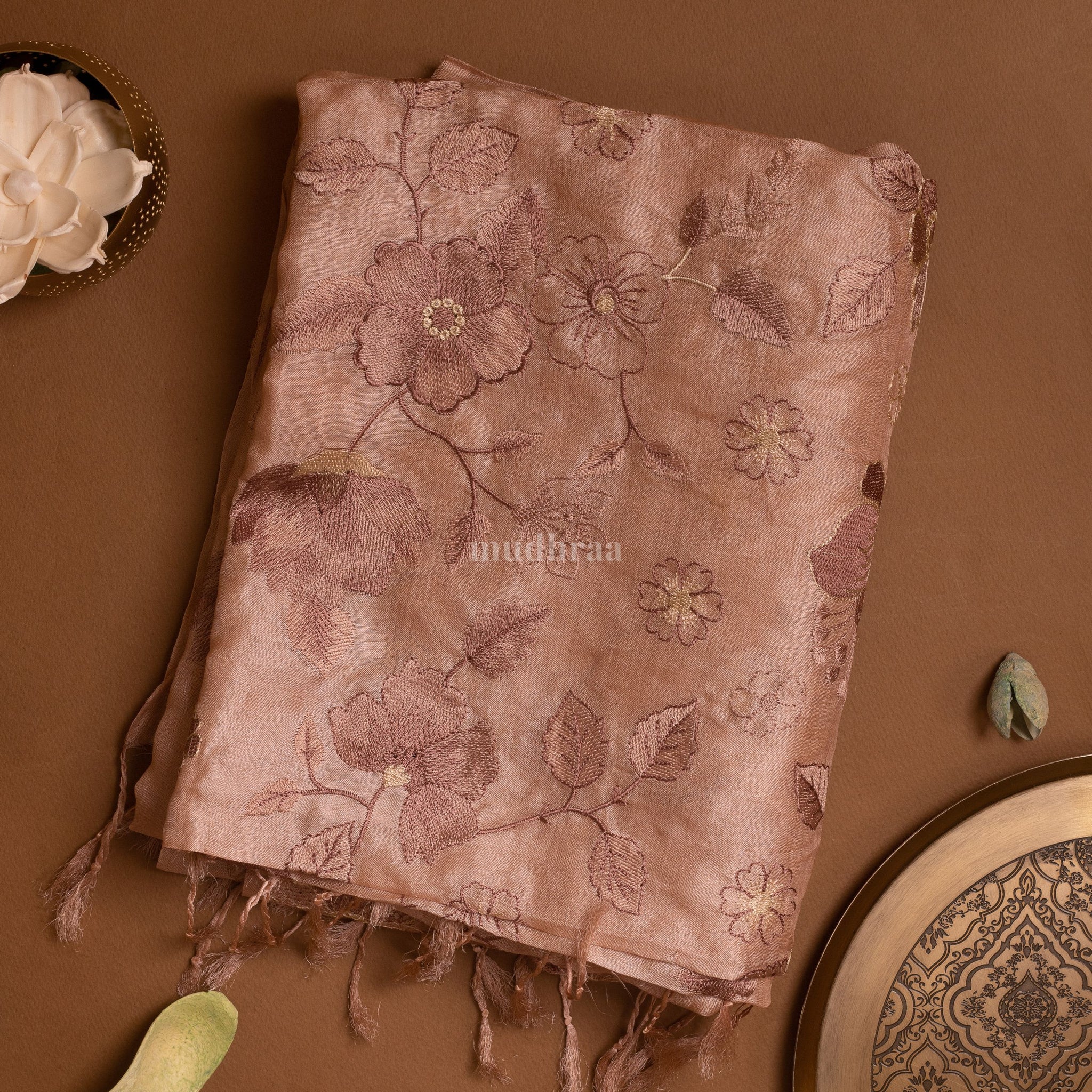 Melon Pink Floral Garden Embroidered Tussar Silk Dupatta