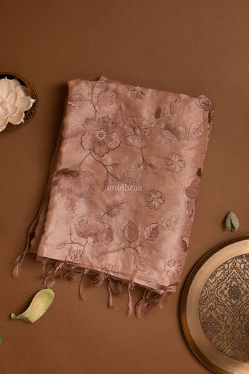 Melon Pink Floral Garden Embroidered Tussar Silk Dupatta