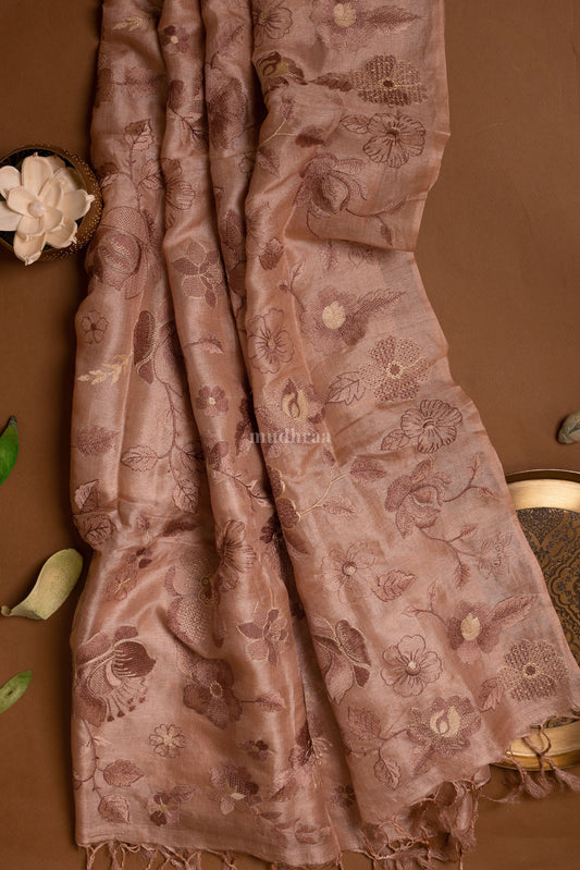 Melon Pink Floral Garden Embroidered Tussar Silk Dupatta