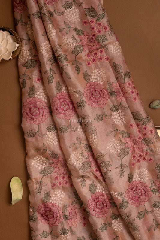 Pink Floral Garden Embroidered Tussar Silk Dupatta