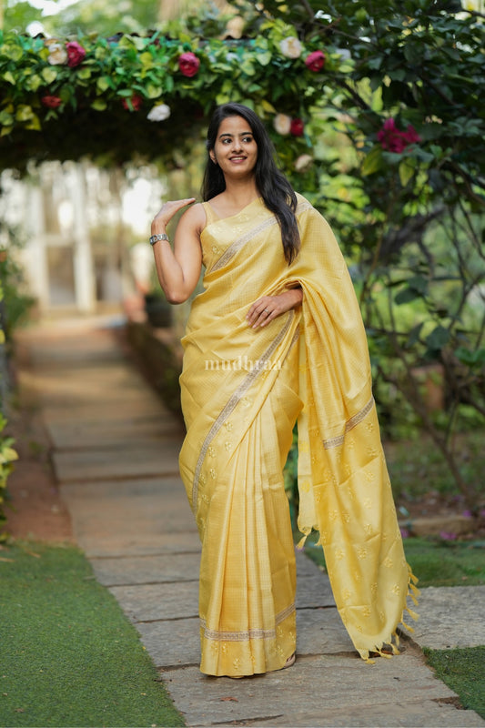 PEARL YELLOW EMBROIDERED TUSSAR SILK SAREE