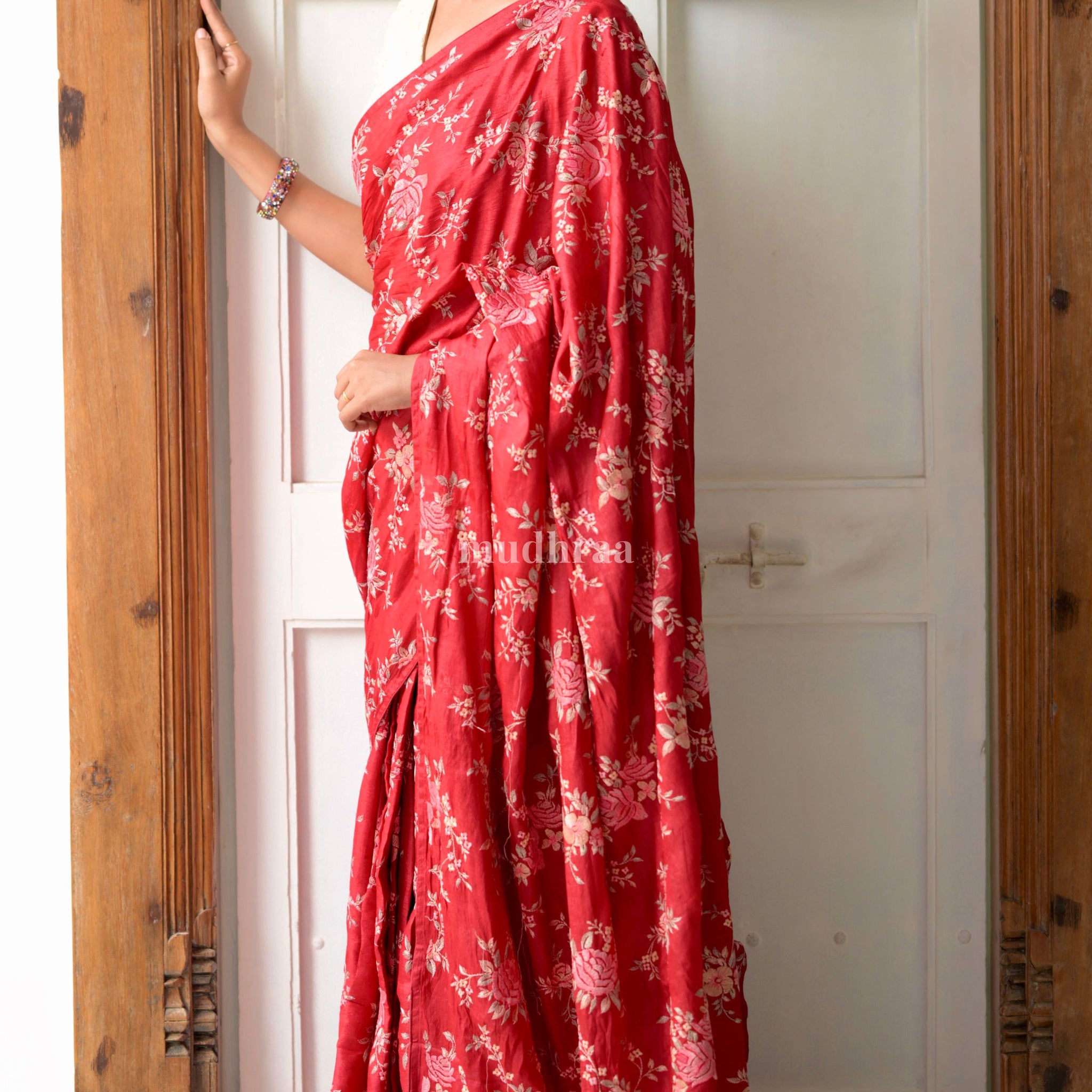 Red Rose Floral Embroidery Saree