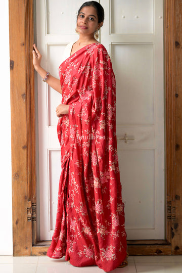 Red Rose Floral Embroidery Saree