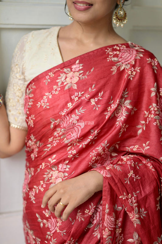 Red Rose Floral Embroidery Saree