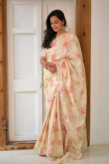 Cream Rose Floral Embroidery Tussar Saree