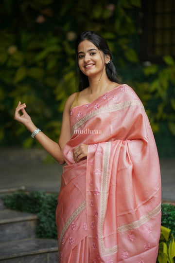 PEARL PINK EMBROIDERED TUSSAR SILK SAREE