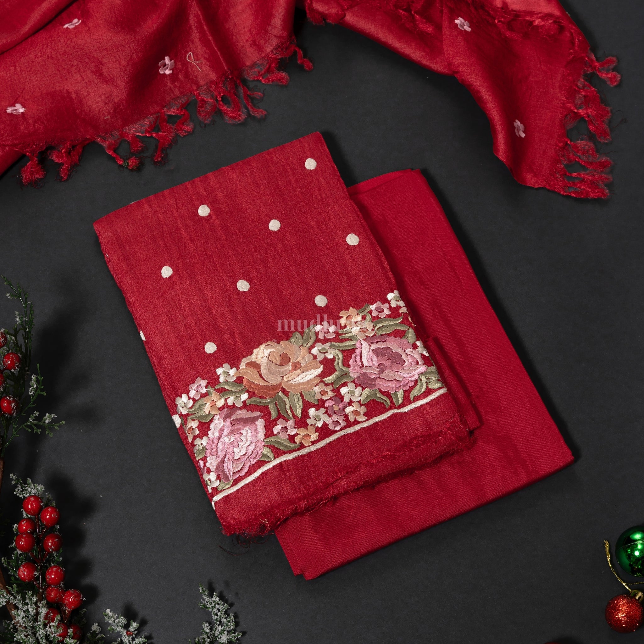 Christmas Red Parsi work Tussar suit set