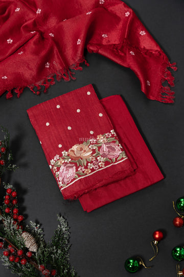 Christmas Red Parsi work Tussar suit set