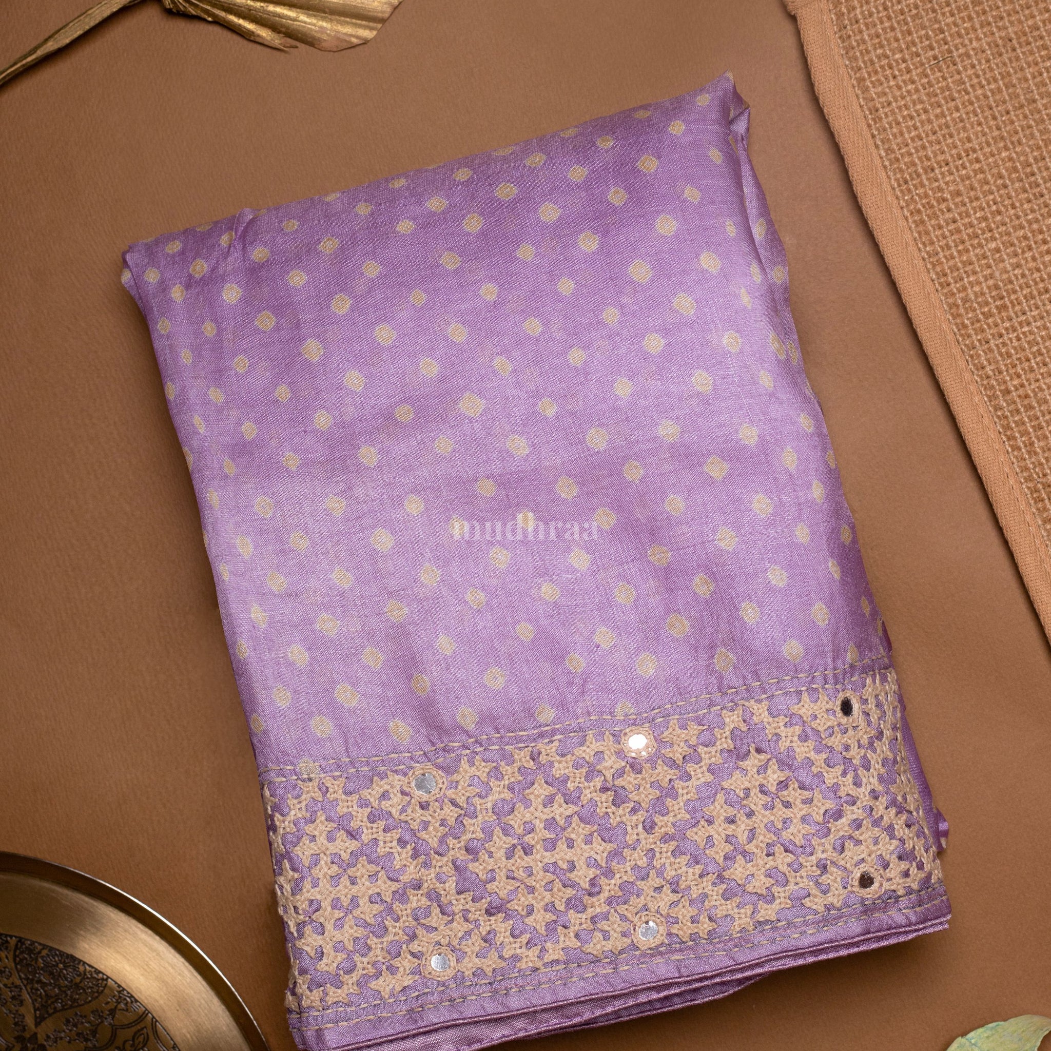 Lavender Kutch Embroidered Bandhani Tussar Saree