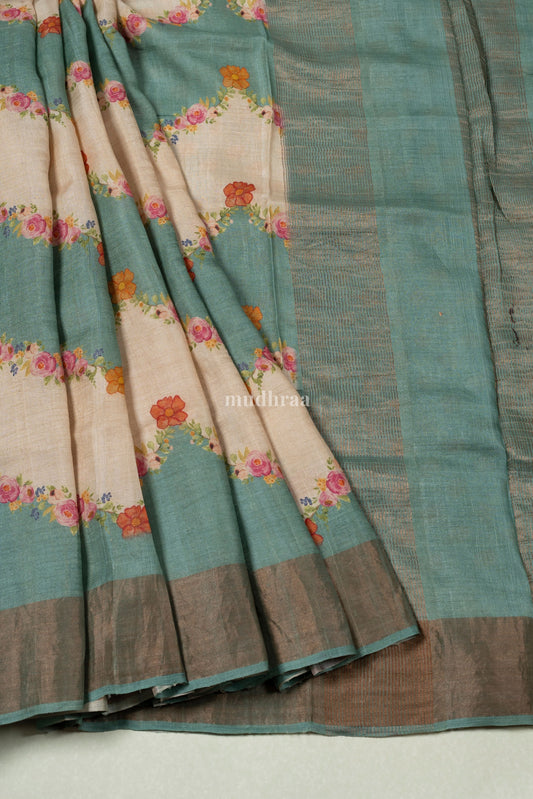 Cream and Teal Blue Printed Tussar Silk Saree