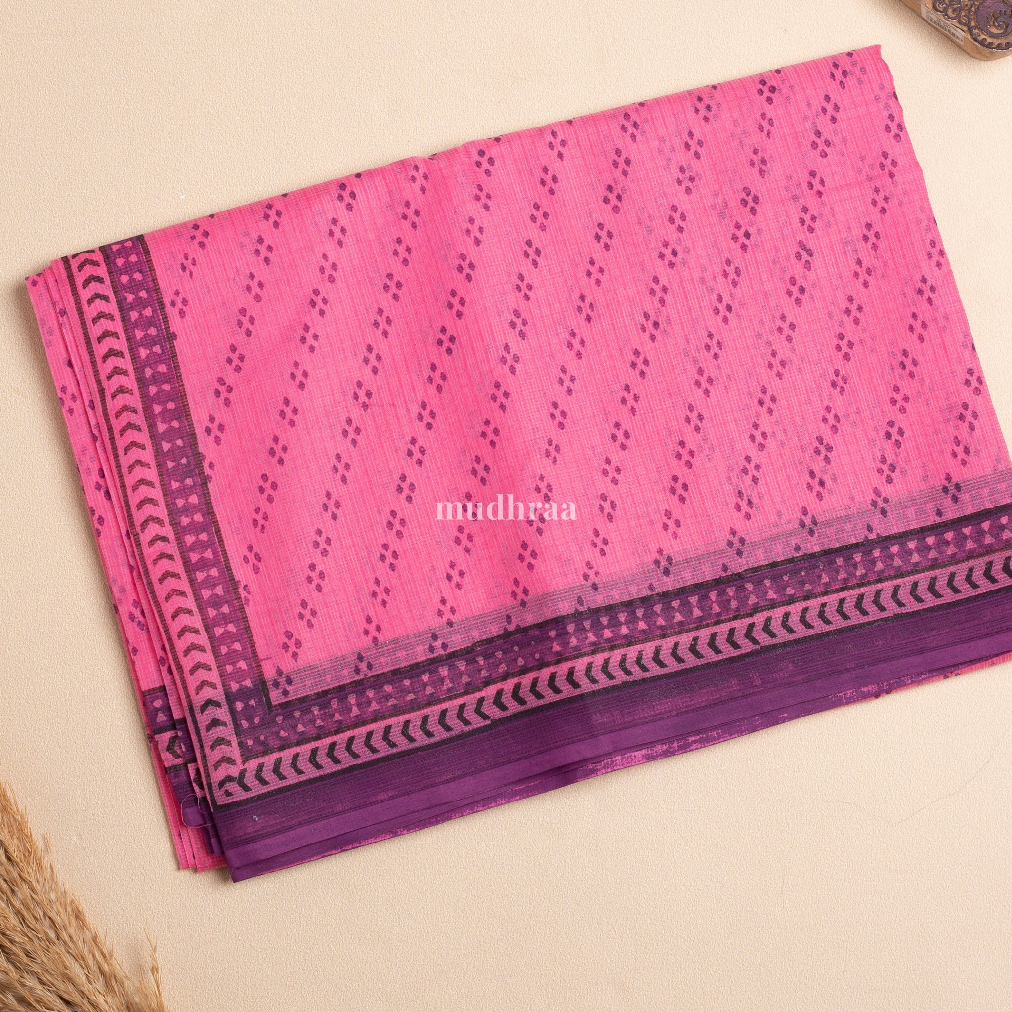 PINK & PURPLE HANDBLOCK PRINTED KOTA COTTON SAREE