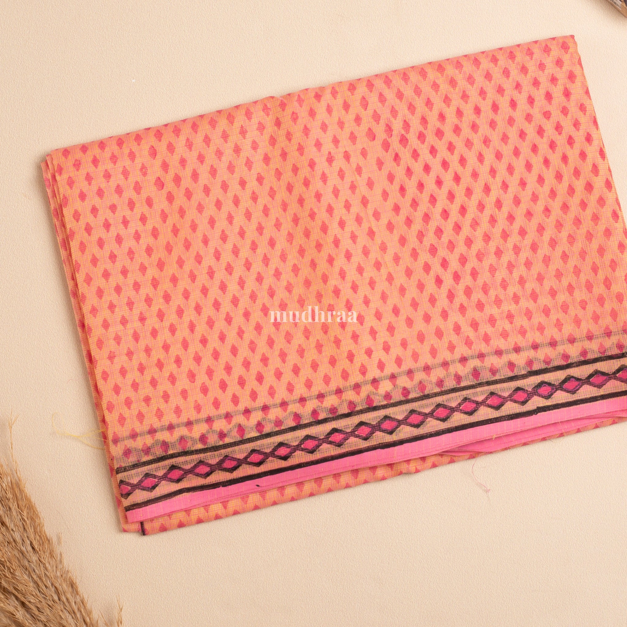 PEACH & PINK HANDBLOCK PRINTED KOTA COTTON SAREE