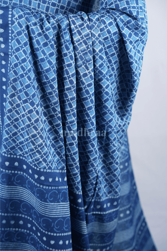 INDIGO DIAMOND AJRAKH HANDBLOCK PRINTED MUL COTTON SAREE