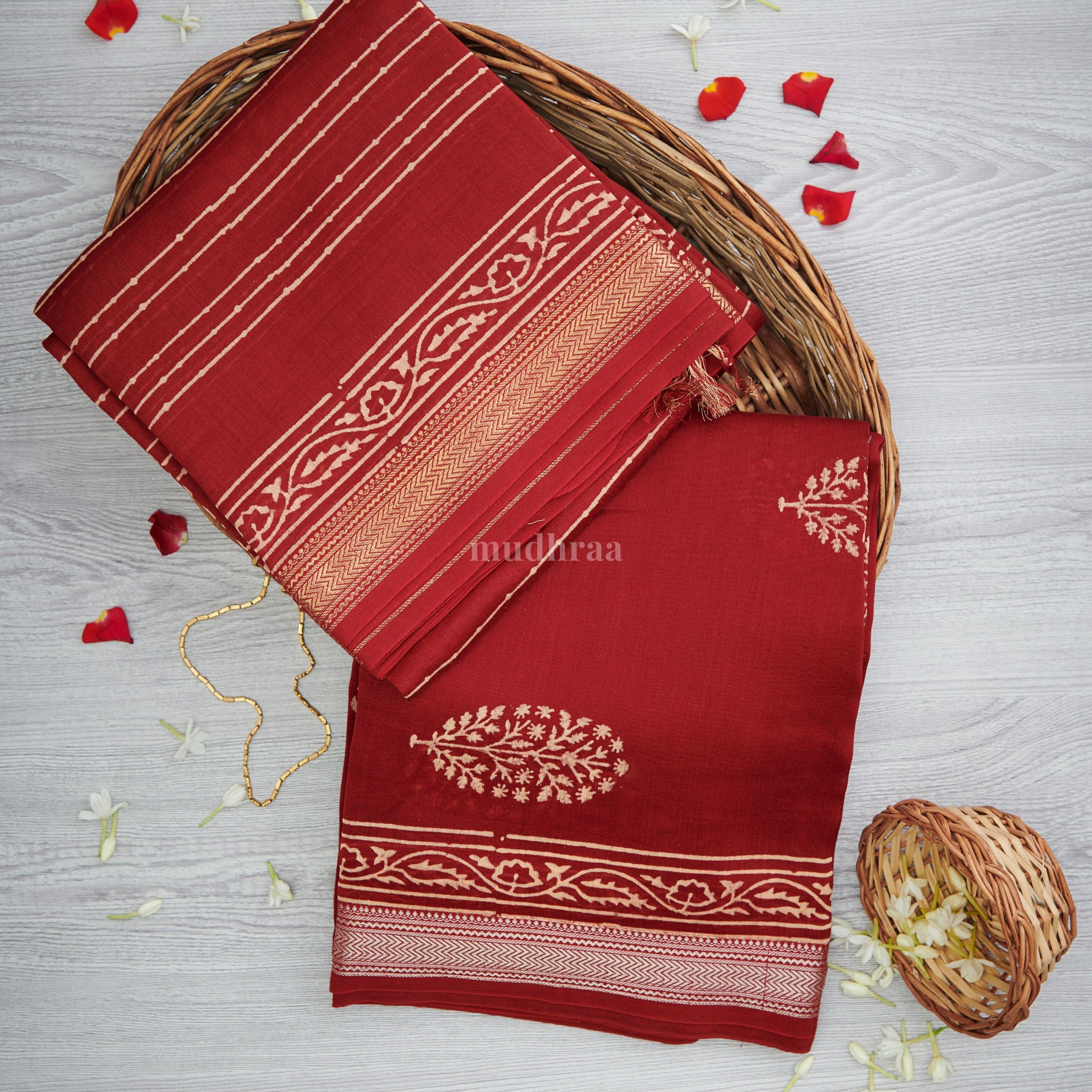 Red Handblock Printed Maheswari Suit Set