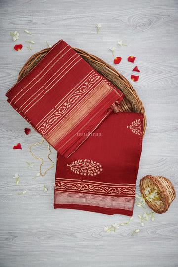 Red Handblock Printed Maheswari Suit Set