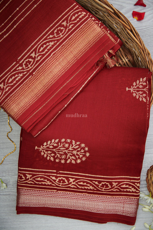 Red Handblock Printed Maheswari Suit Set