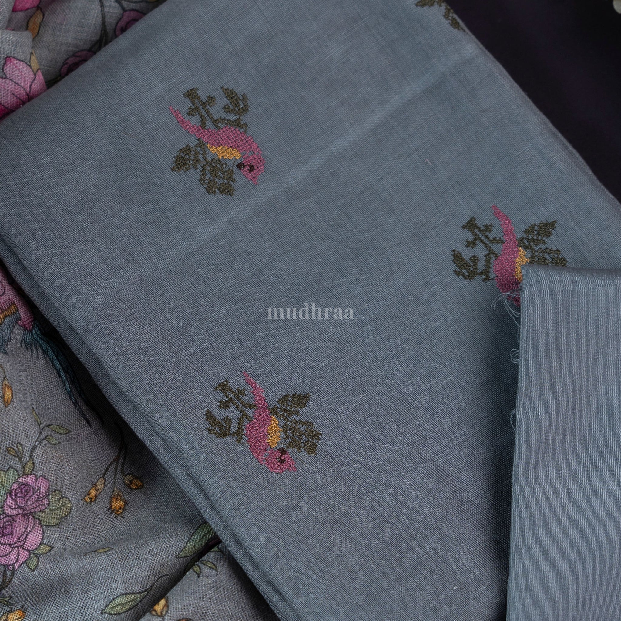 CEMENT GREY & PINK EMBROIDERED LINEN SUIT SET