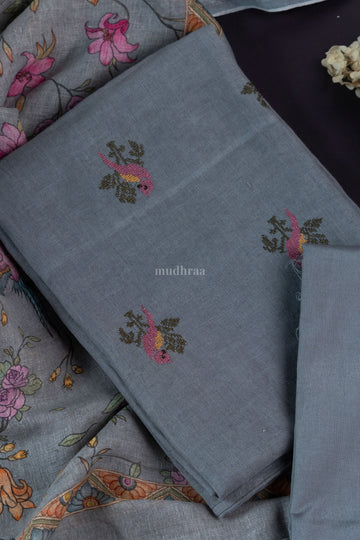 CEMENT GREY & PINK EMBROIDERED LINEN SUIT SET