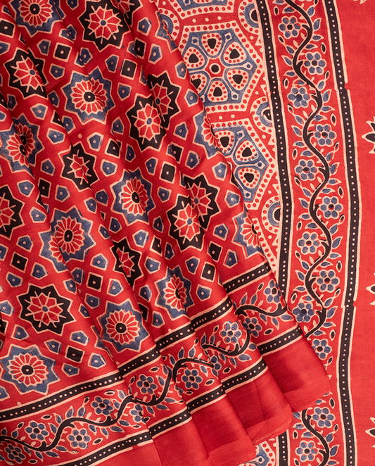 RED HANDBLOCK PRINTED MODAL SILK SAREE