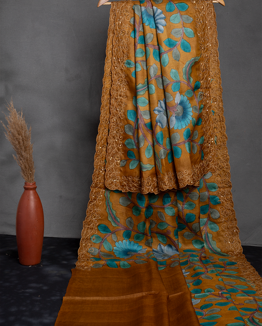 Mustard & Turquoise Hand Printed Kalamkari Tussar silk Saree