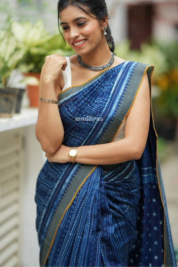 INDIGO STRIPED KANTHA CHANDERI GHICHA SAREE- YELLOW