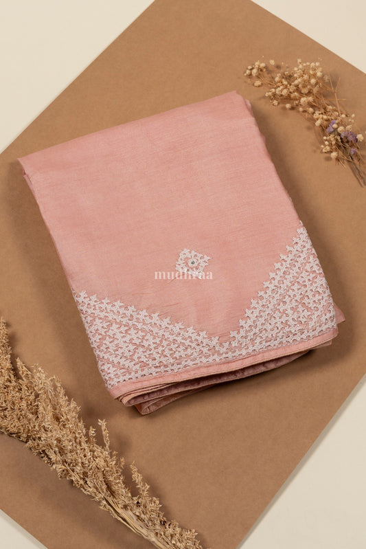 Light Peach Kutch Embroidered Tussar Silk Saree