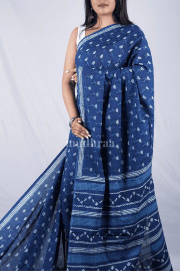 INDIGO BIG FLOWER AJRAKH HANDBLOCK PRINTED MUL COTTON SAREE
