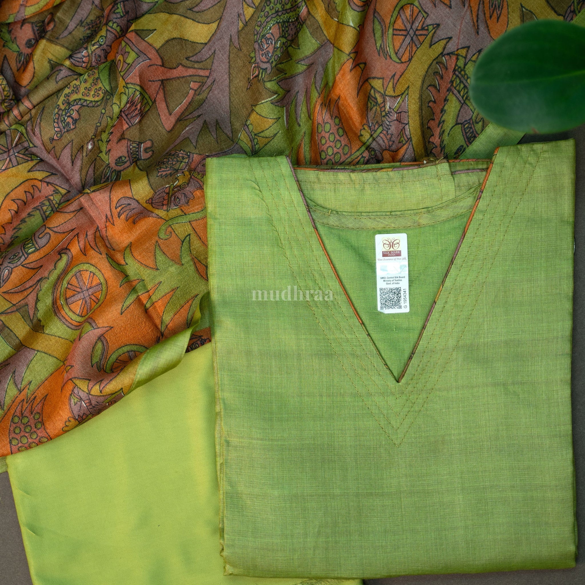 Green Pure Tussar silk semi-stitched Suit set