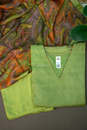 Green Pure Tussar silk semi-stitched Suit set