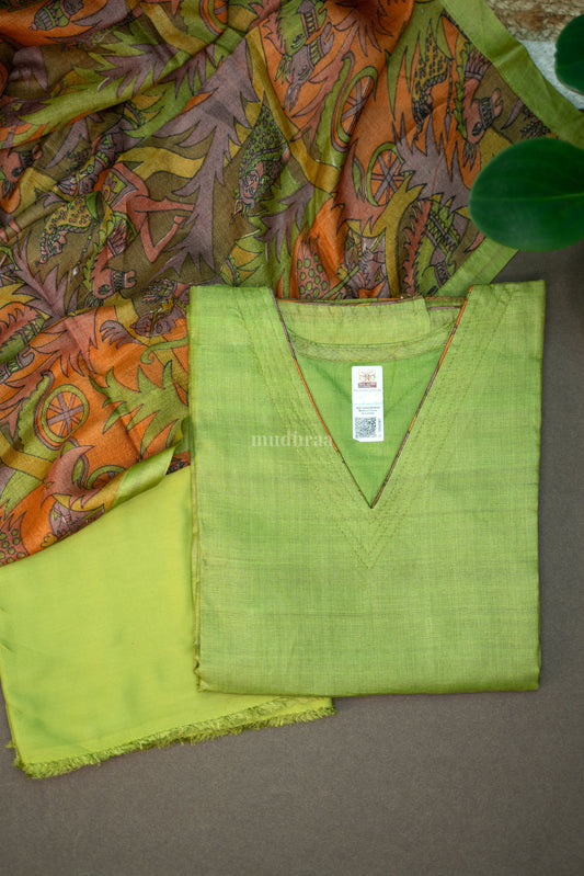 Green Pure Tussar silk semi-stitched Suit set