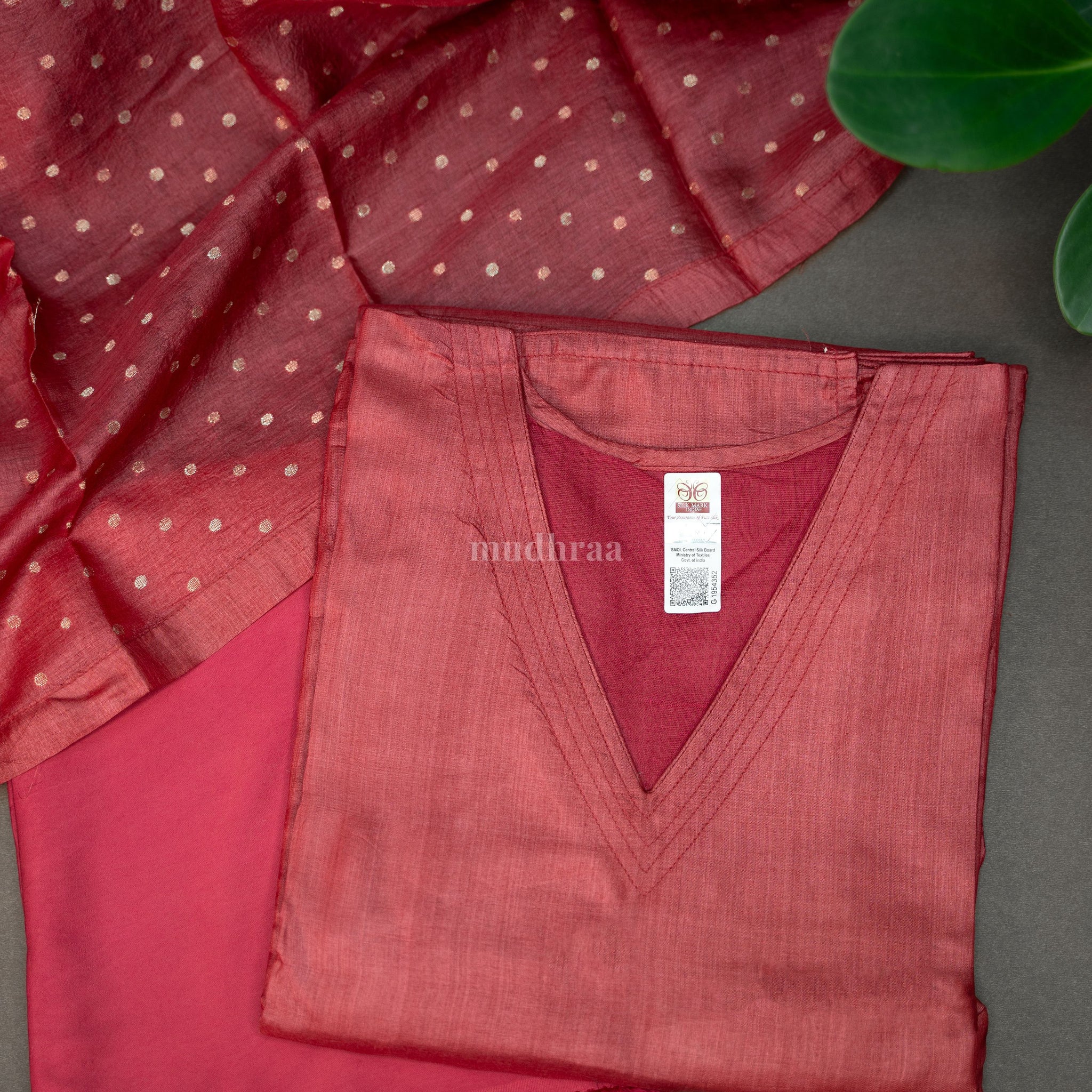 Dark pink Tussar silk semi-stitched Suit set