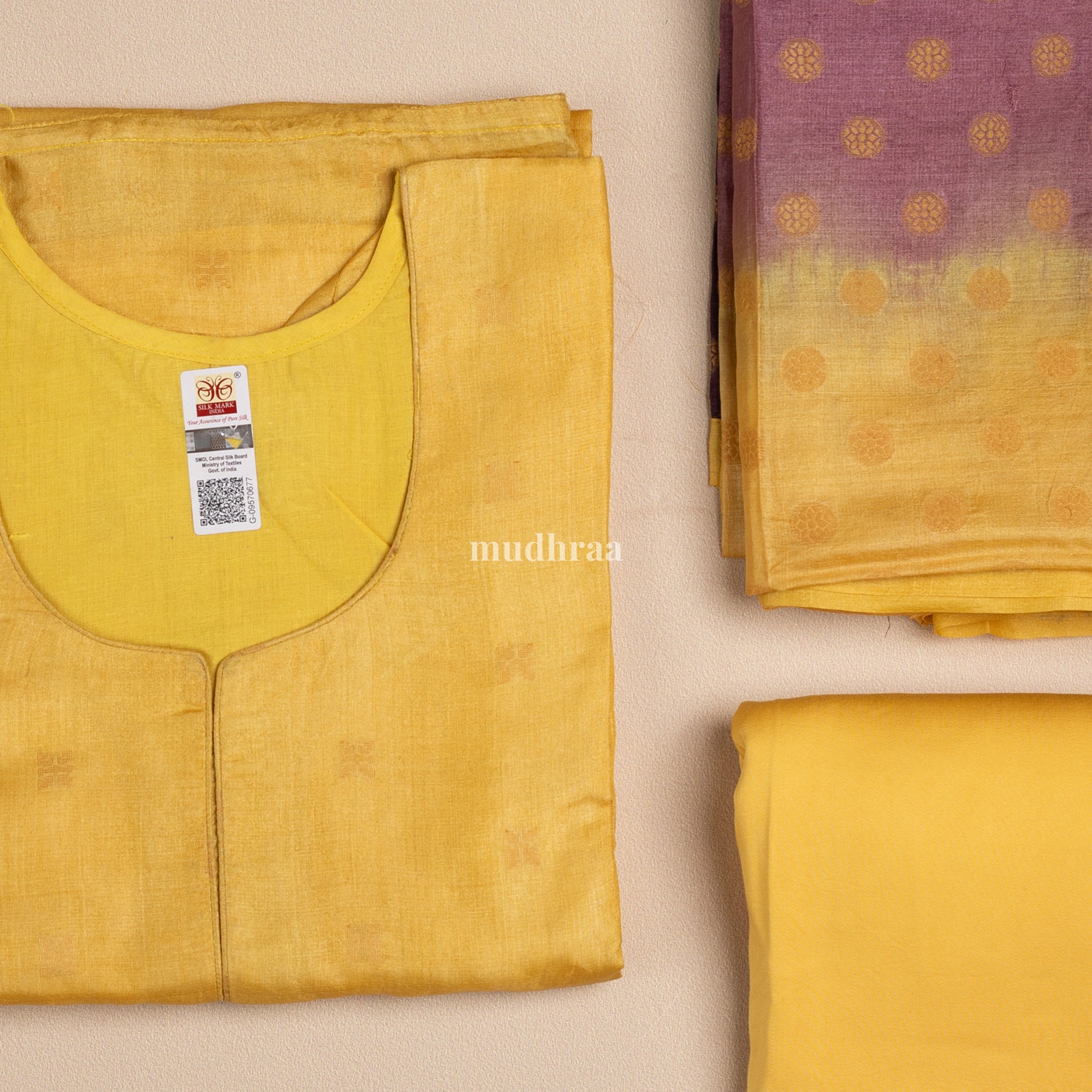 LEMON YELLOW & PURPLE TUSSAR SEMI STITCHED SUIT SET( 3 PC SET)